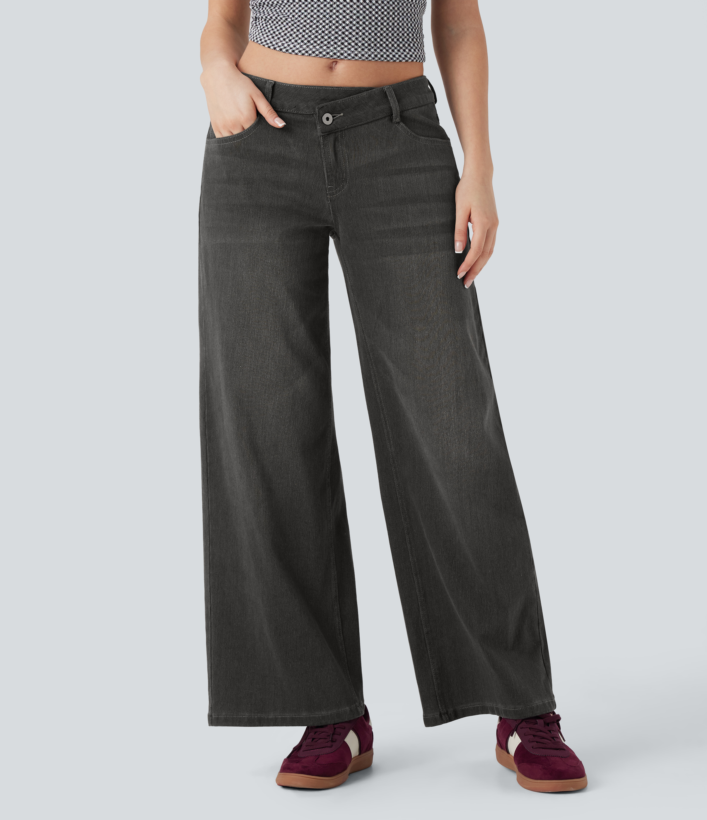 Flex™ Asymmetric Low Rise Zipper Pockets Baggy Wide Leg Washed Casual Jeans  - Cool Gray Denim