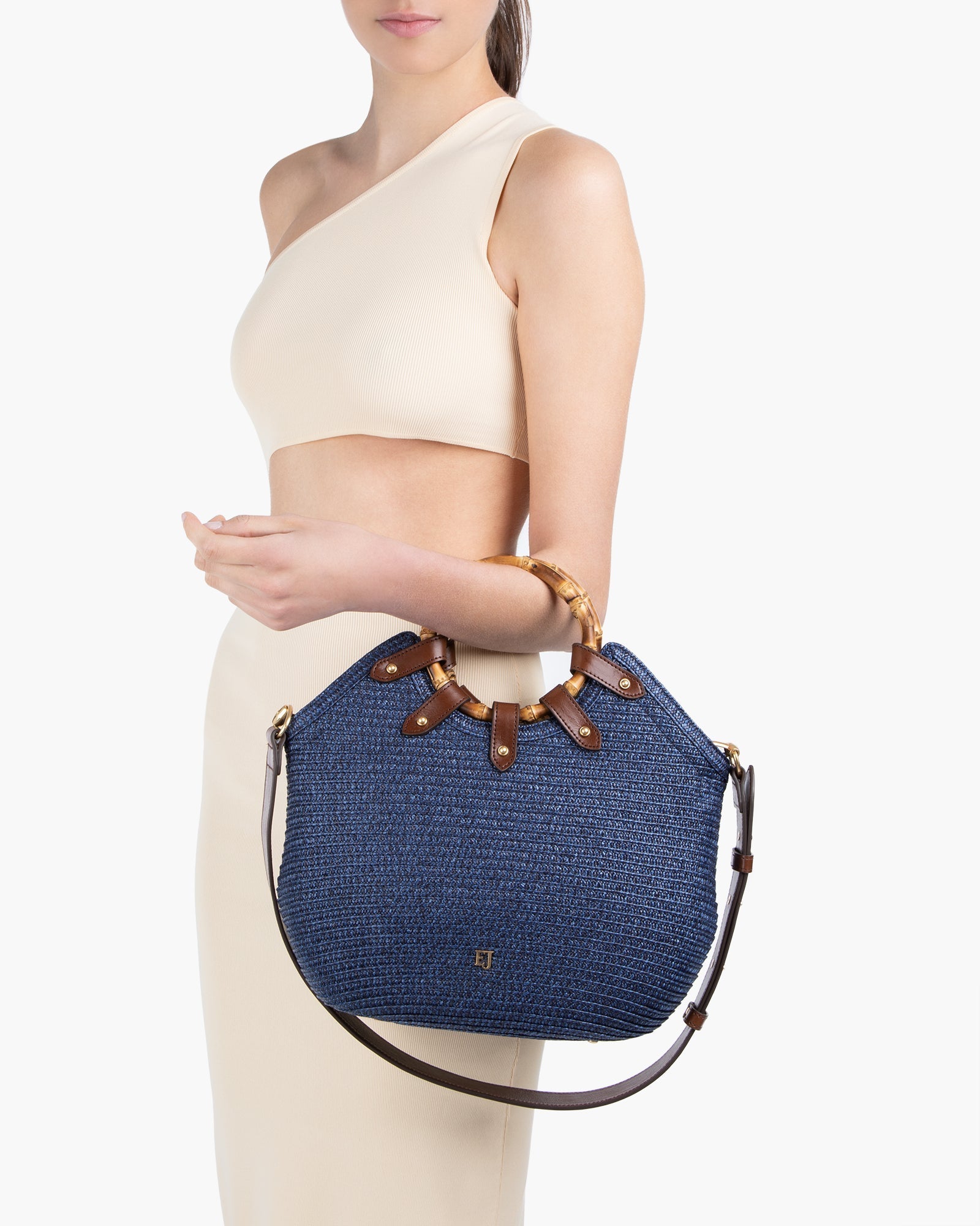 Squishee Straw Bag with Leather Trim and Bamboo Handles for Women