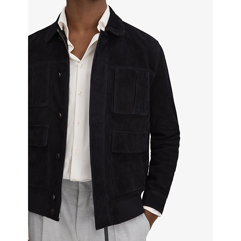 Mens Navy Thomas Patch-pocket Regular-fit Suede Jacket