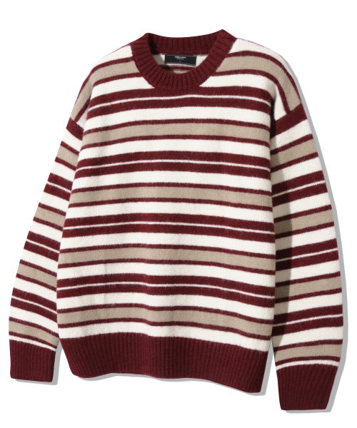 Washable Hairy Stripe Crewneck Knit_Red