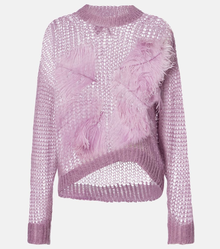 Feather-trimmed open-knit mohair-blend sweater