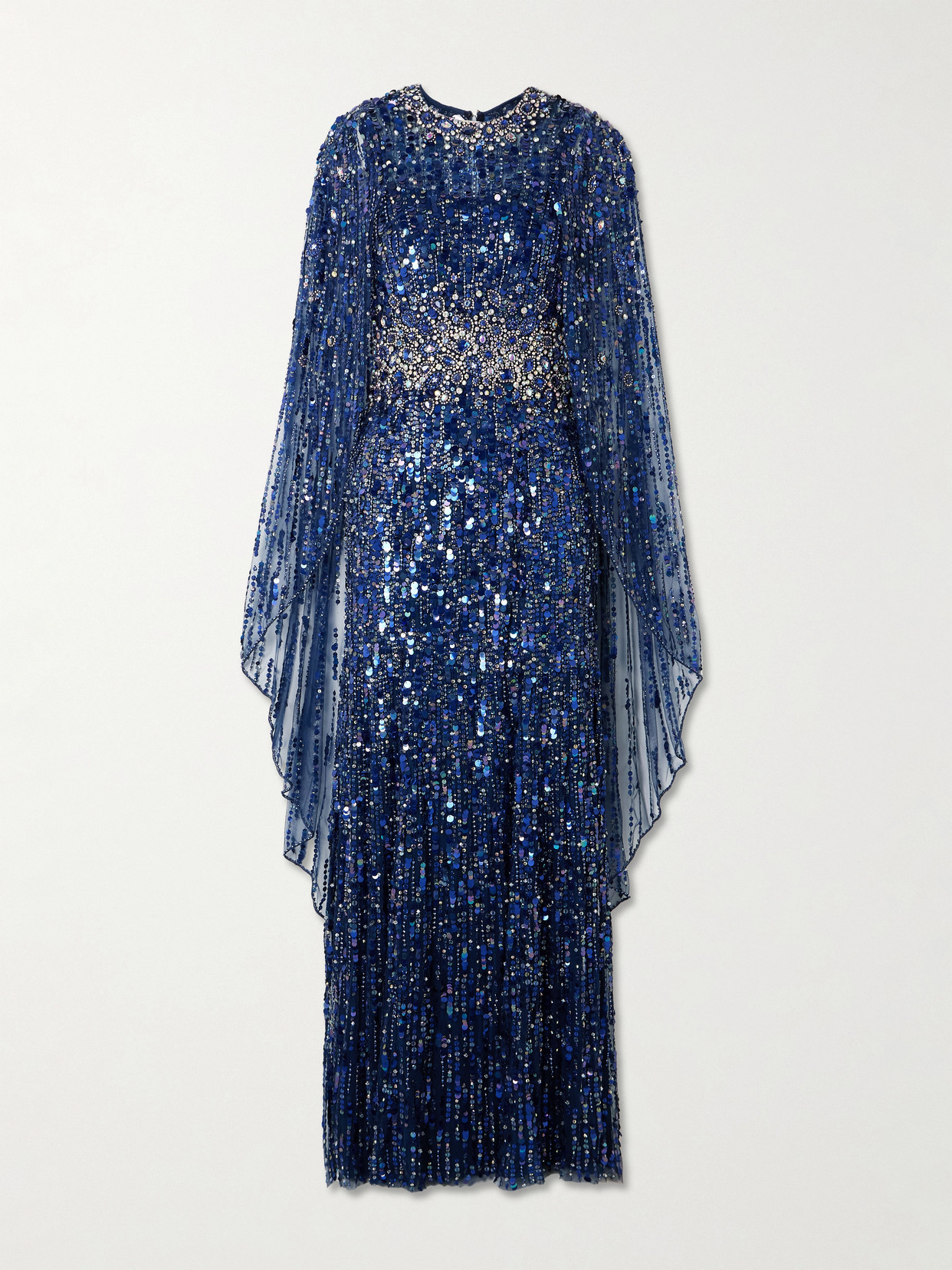 Honey Dew Cape-effect Embellished Tulle Gown - Blue