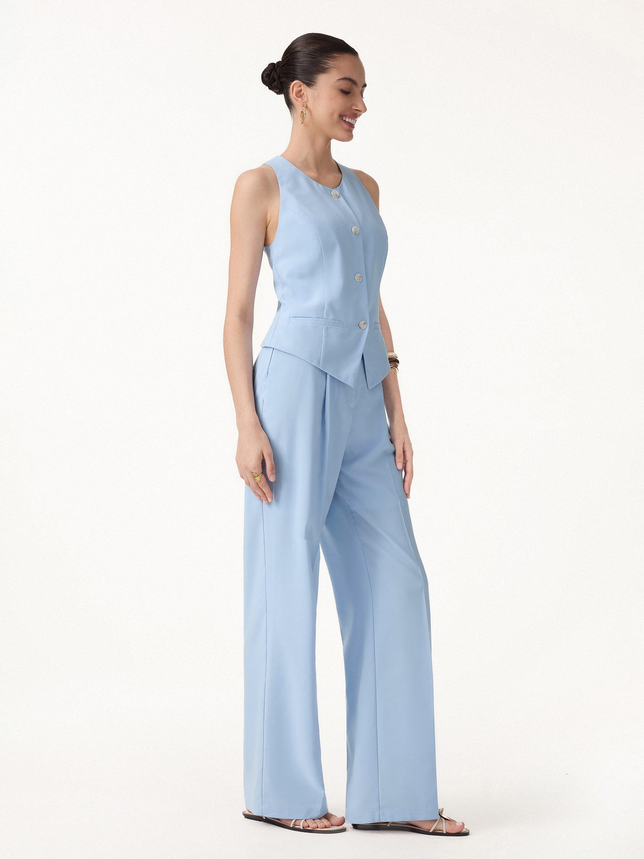 2Pcs Set Waistcoat with Pockets & Wide Leg Pants - Arctic Blue / XS