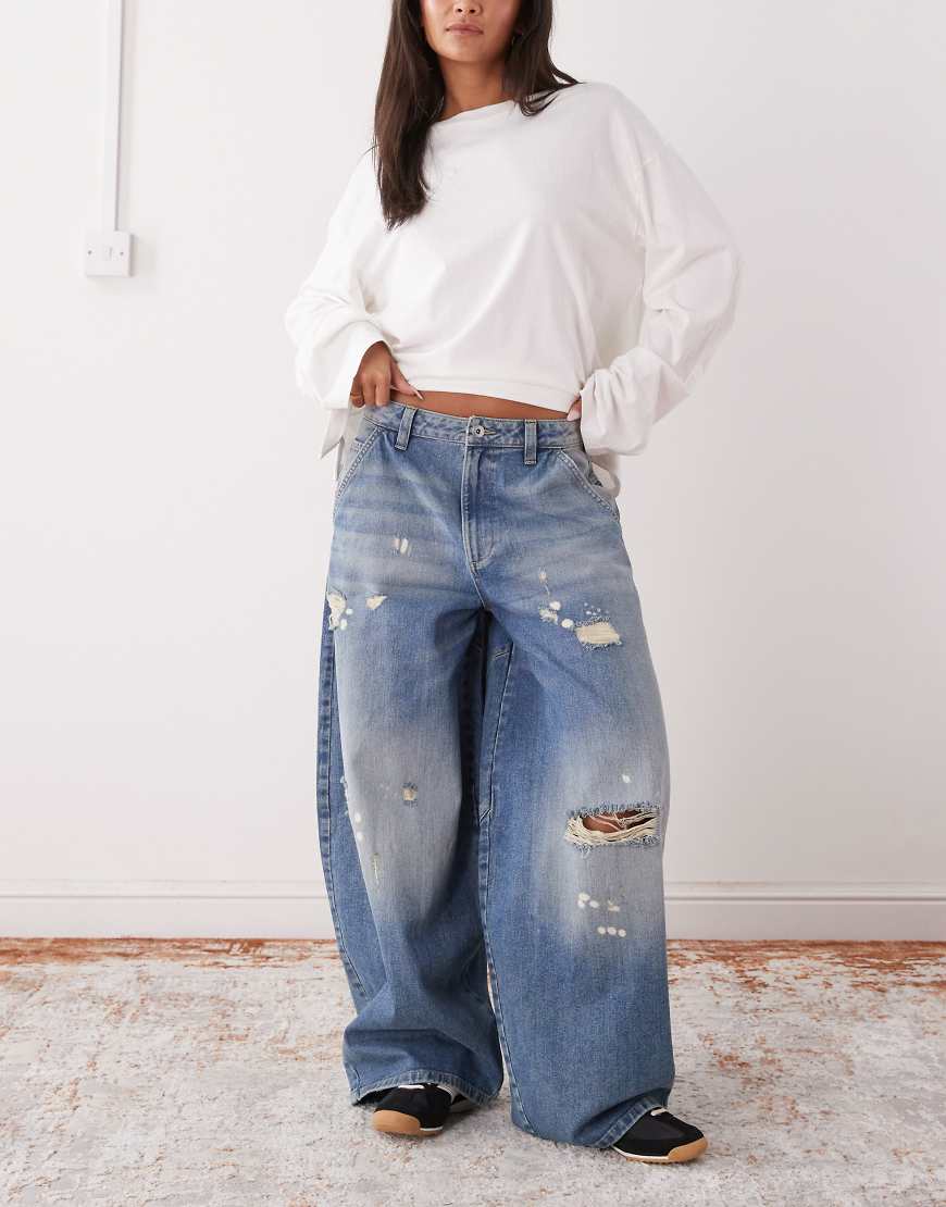 XL balloon low rise jeans in worn wash-Blue