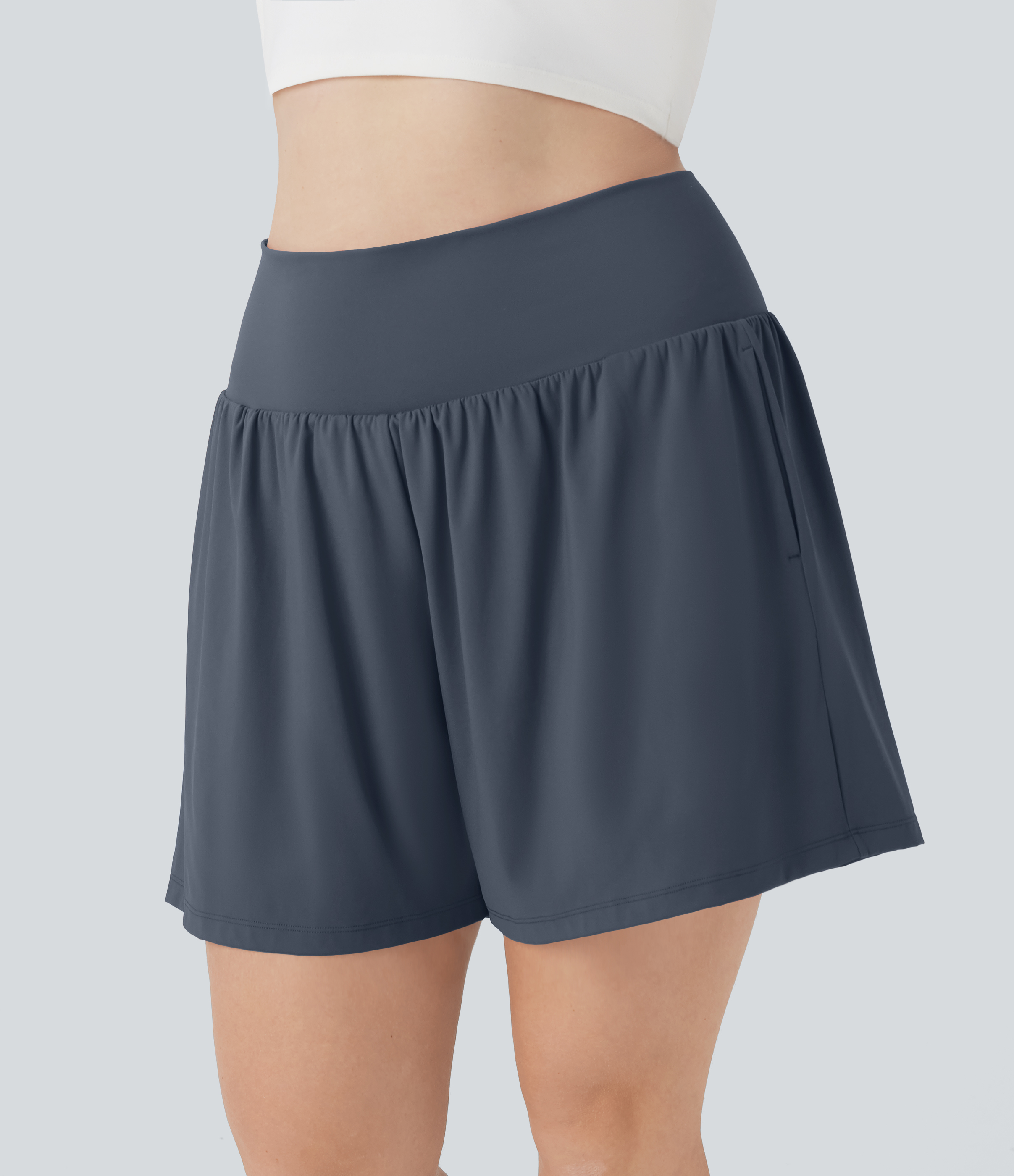 "SoftlyZero™ Airy Super High Waisted 2-in-1 Cool Touch Yoga Plus Size Shorts 7"" with Pockets Gym Short - Mood Indigo