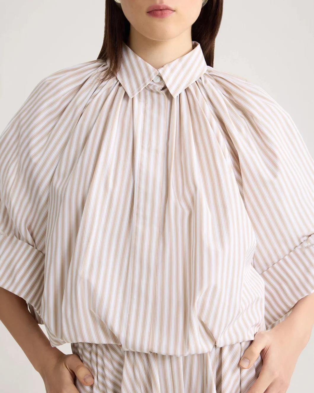 Organic Cotton Voluminous Short-Sleeved Striped Blouse