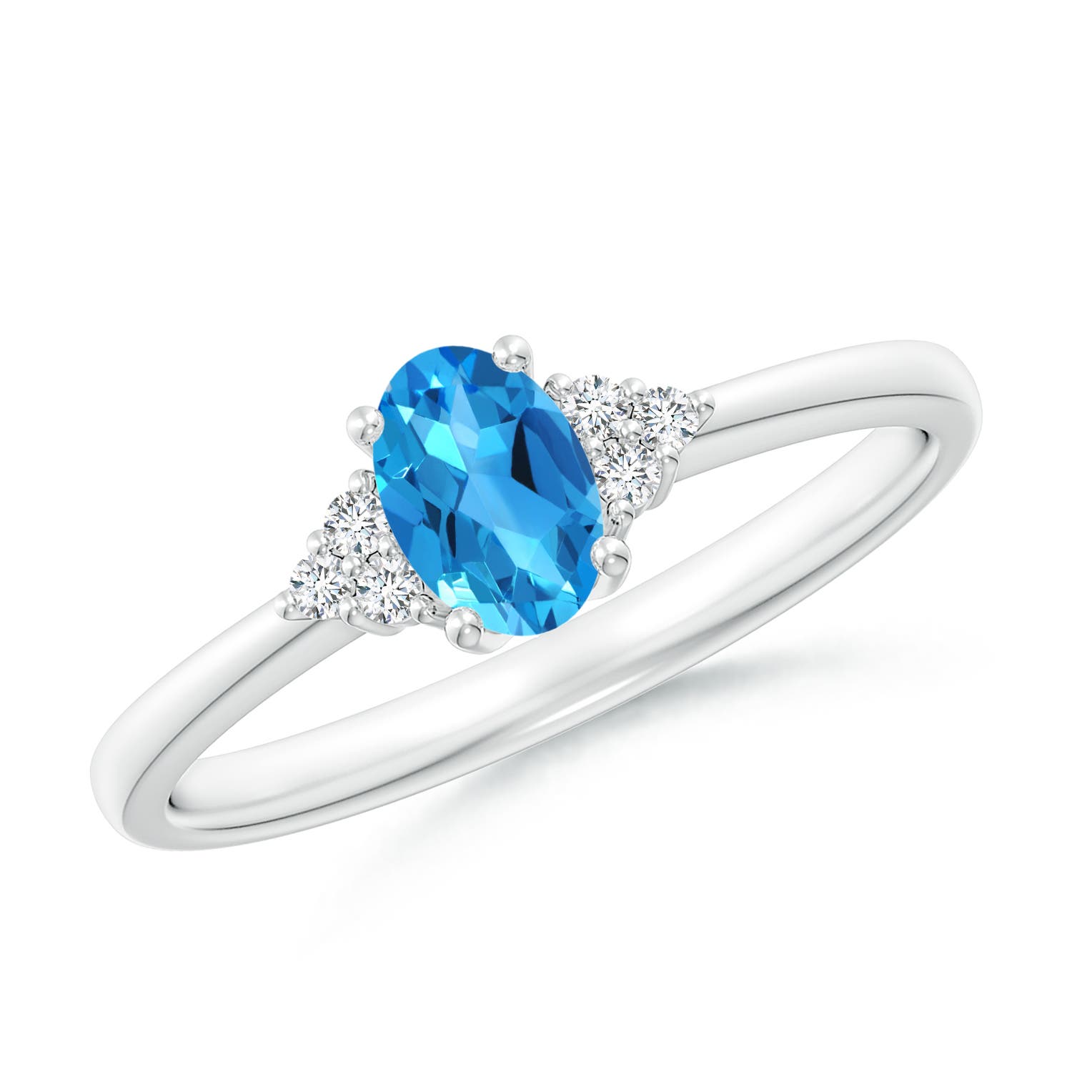 Angara 0.54 Carat Solitaire Oval Swiss Blue Topaz Ring with Trio Diamond Accents in Platinum