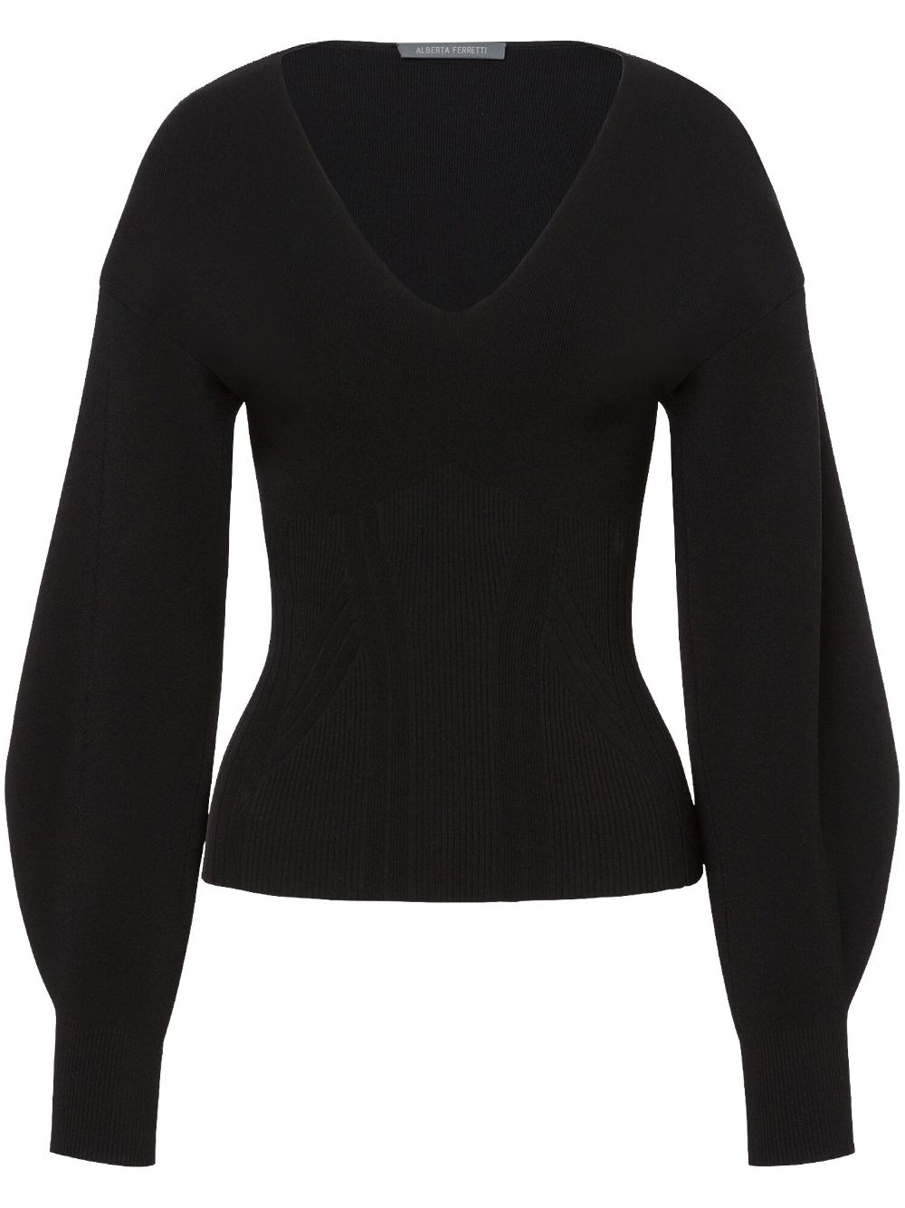 Puff-sleeve ribbed-knit jumper - Black
