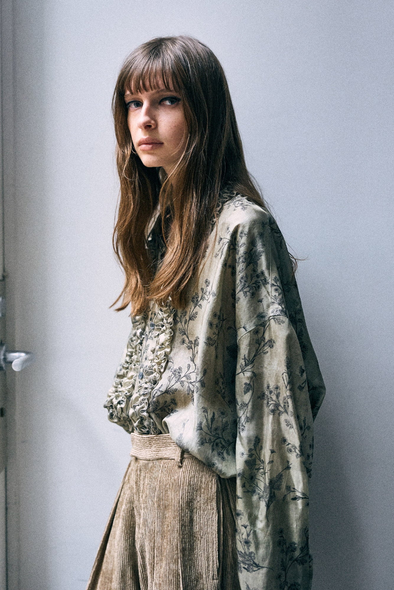 R13 Drop Neck Ruffle Shirt - Green Flora