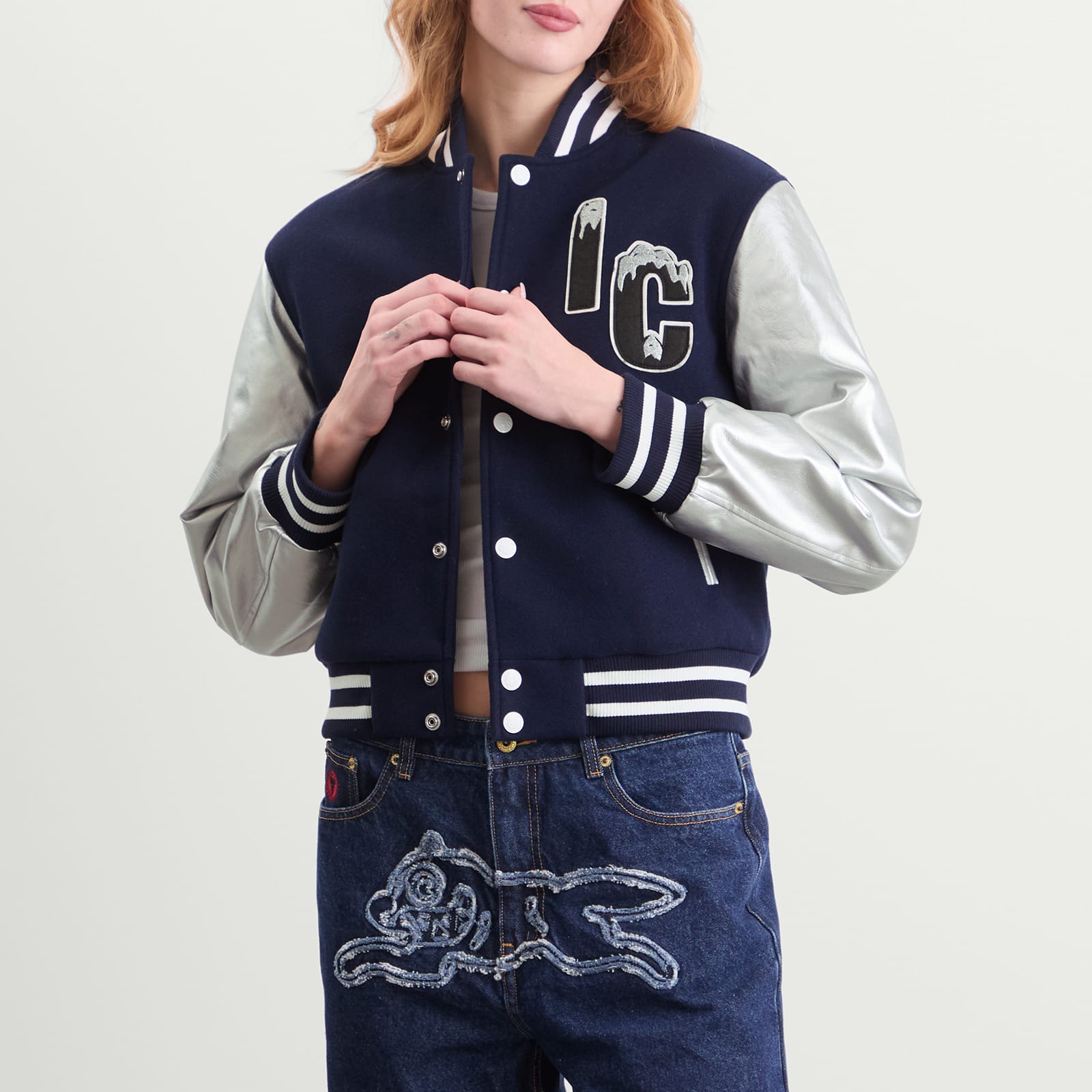 Women's Cherry Varsity Jacket Navy/Silver