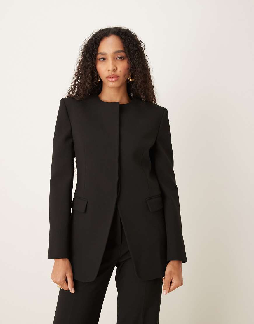Capsule tailored collarless statement shoulder blazer co-ord in black