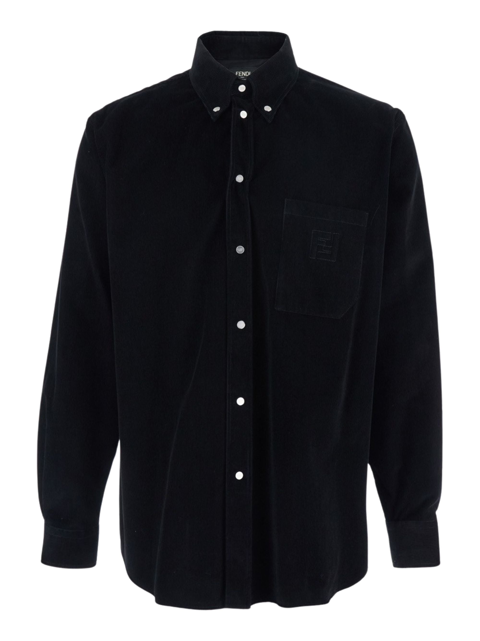 Shirt with Button-Down Collar and FF Embroidery on Front in Ribbed Cotton for Men