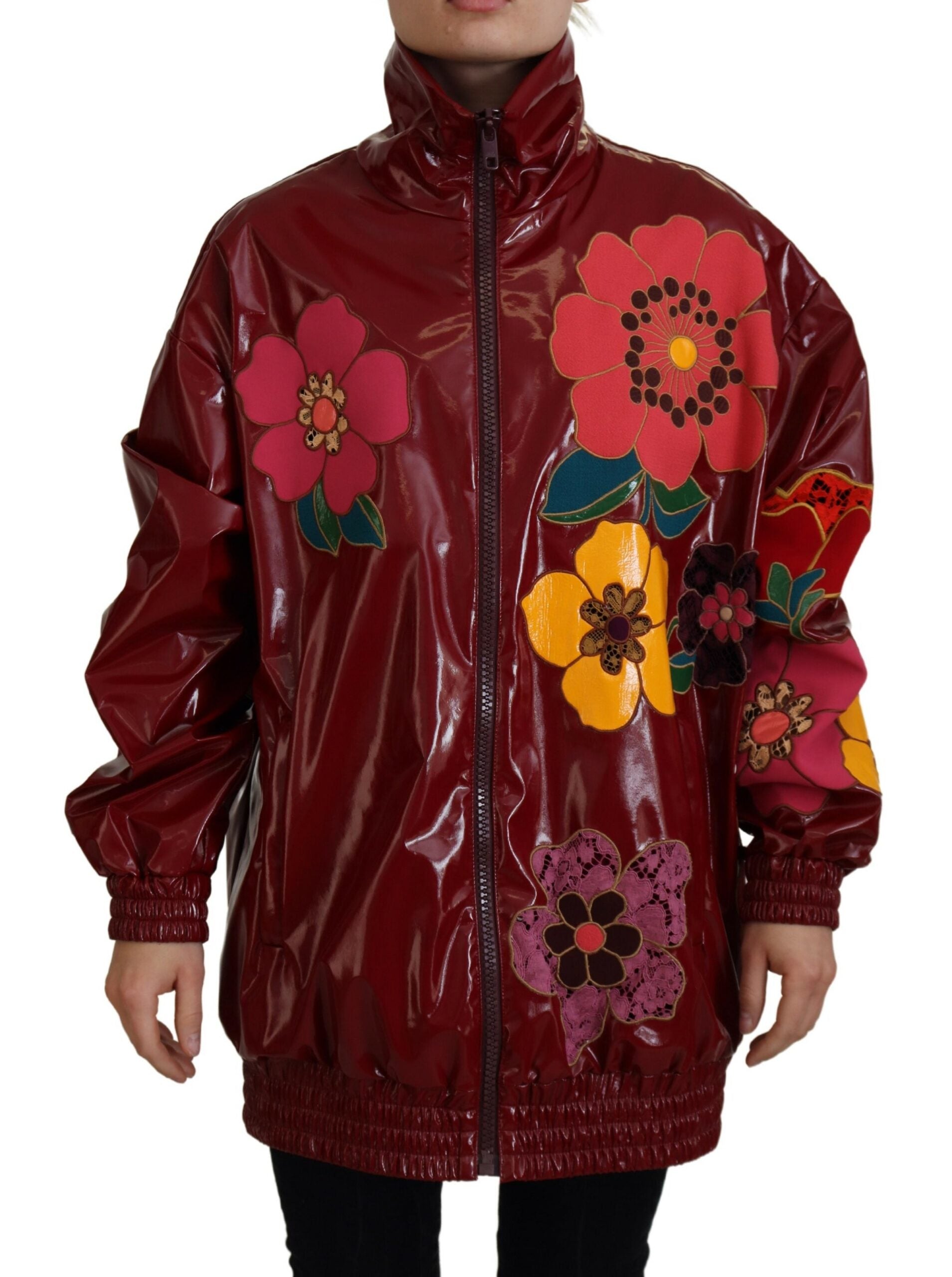 Floral-Print Polyester Jacket — Red