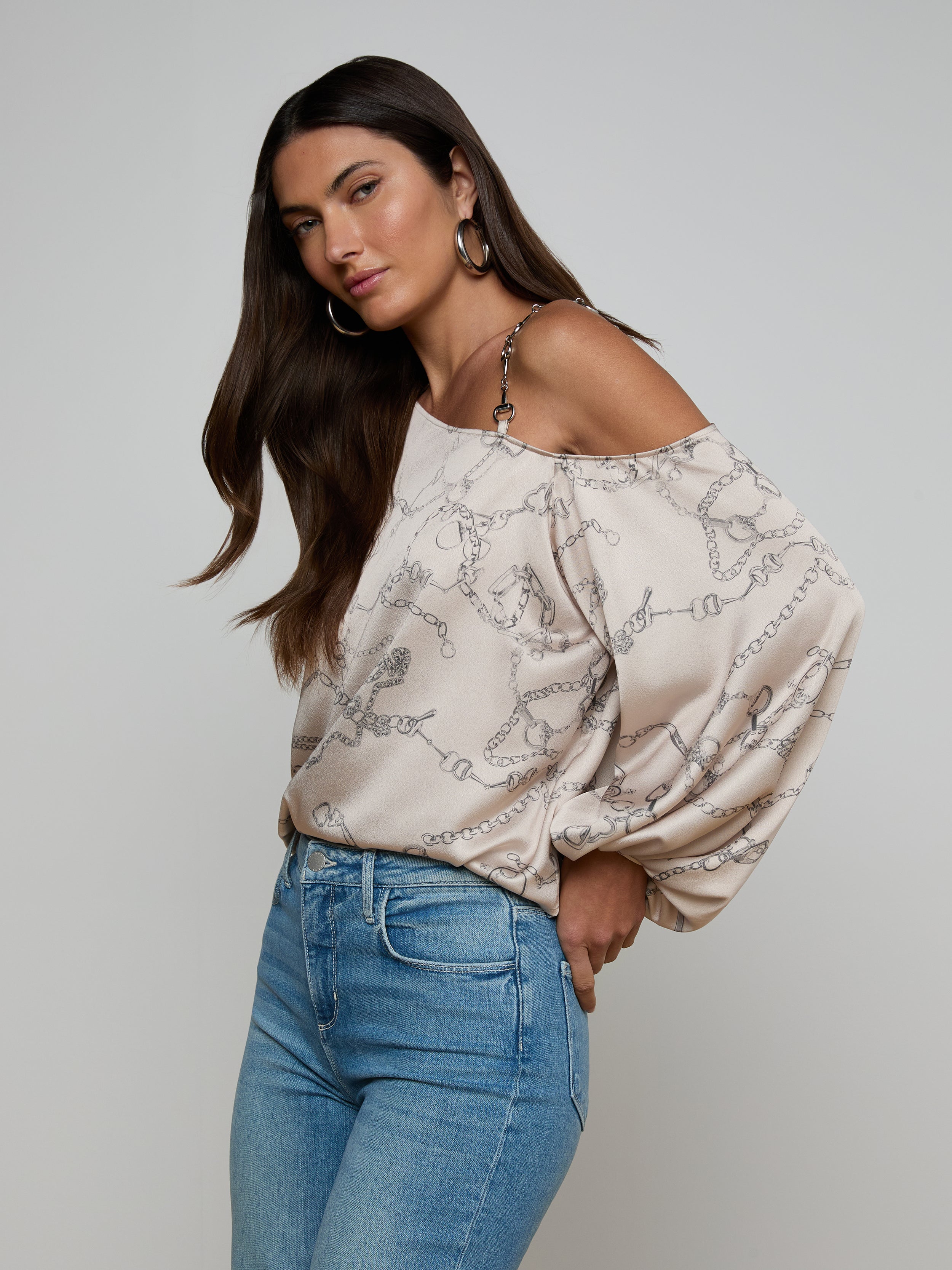 Asami Chain One-Shoulder Blouse Top In Soft Macadamia Multi Small Horsebit Chain