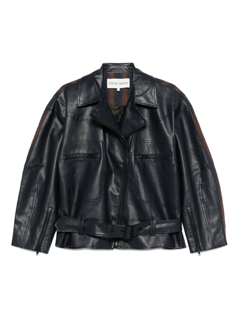 Belted stripe-detail biker jacket - Blue