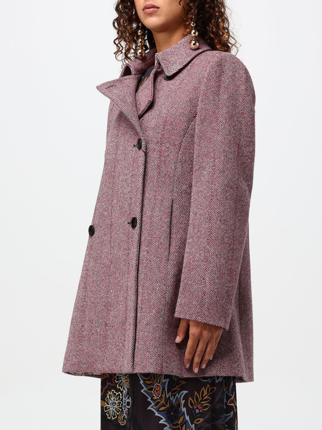 Herringbone-pattern double-breasted coat - Red