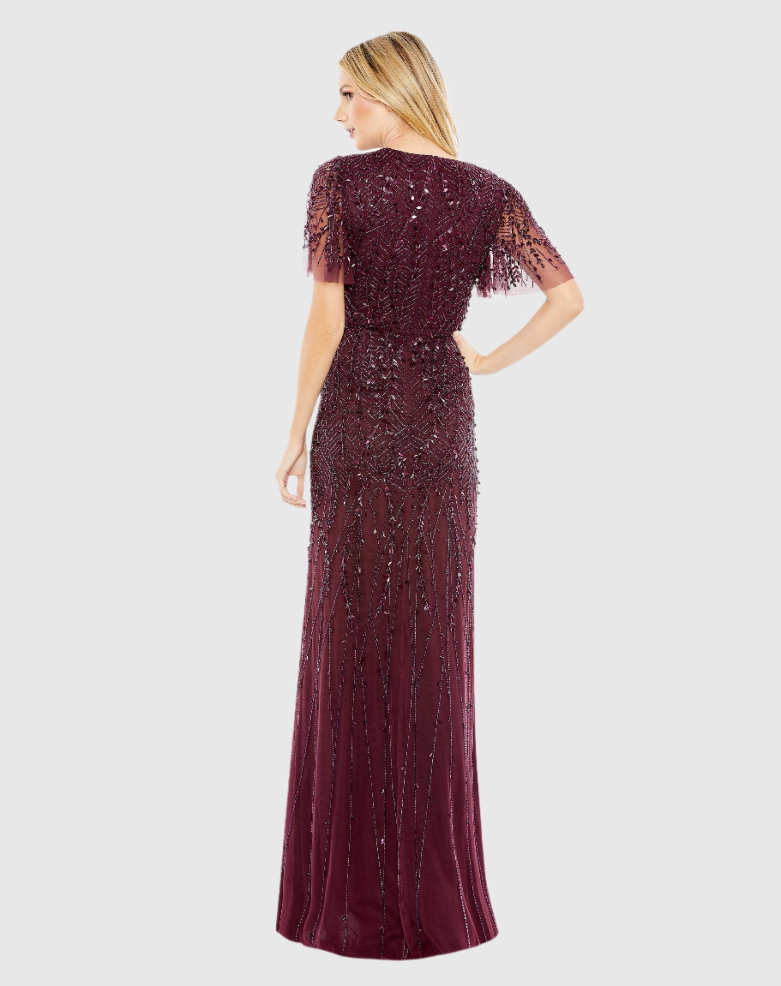 Purple Embellished Flutter Sleeve Maxi Gown In