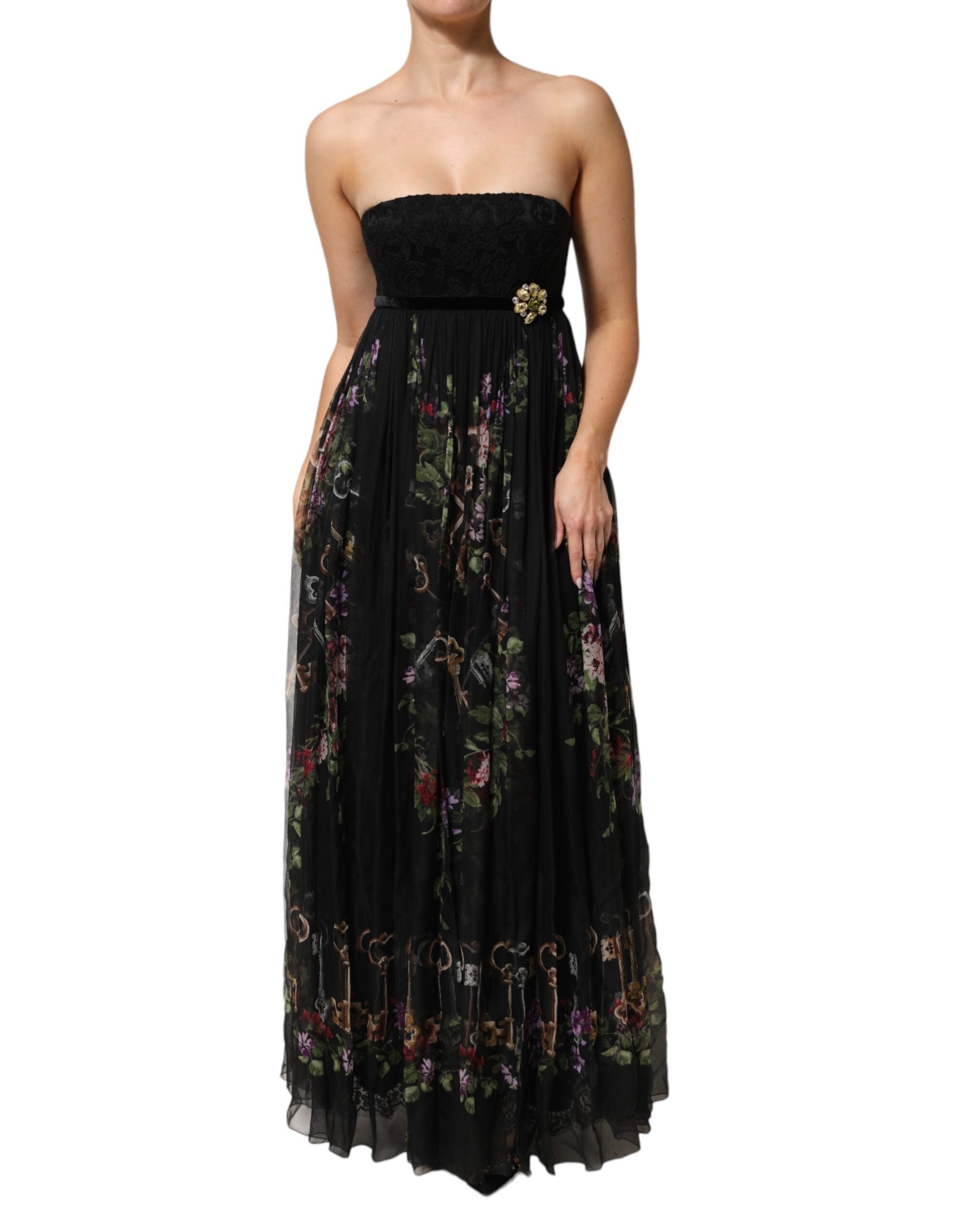 Floral Key Print Crystal Strapless Dress — Black