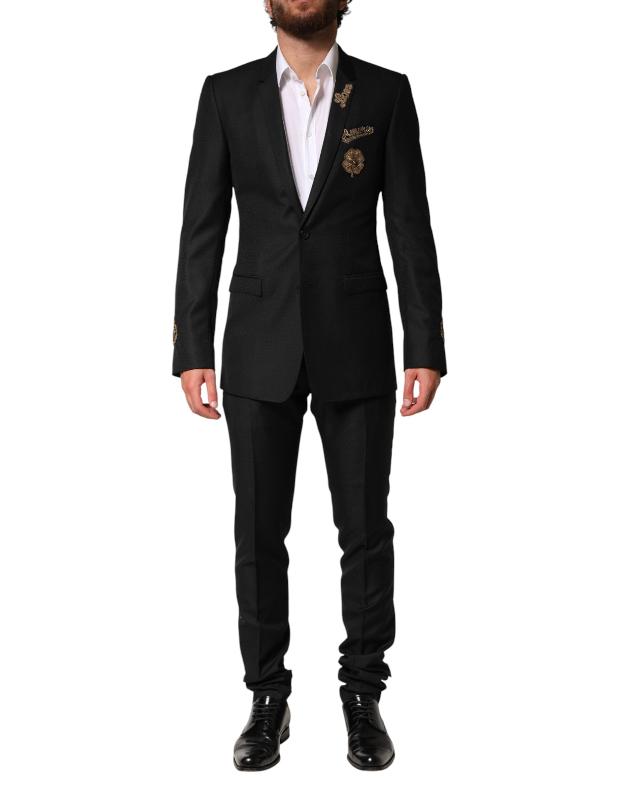 Embellished Single-Breasted Wool Suit — Black