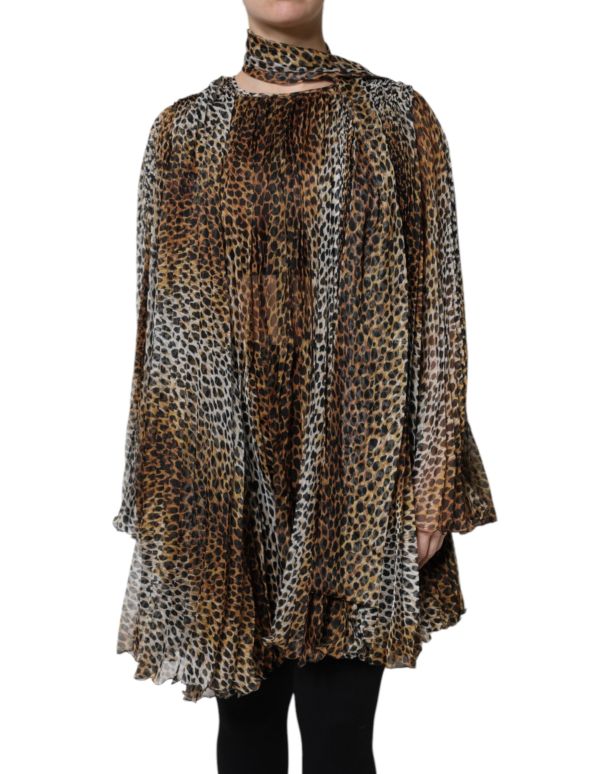Leopard Print Scarf Collar Tunic — Brown