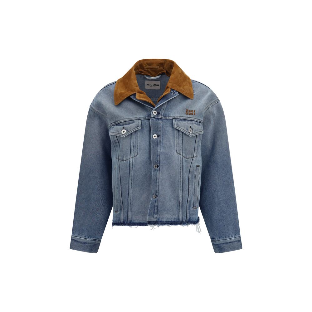 Suede-Collar Denim Jacket — Blue