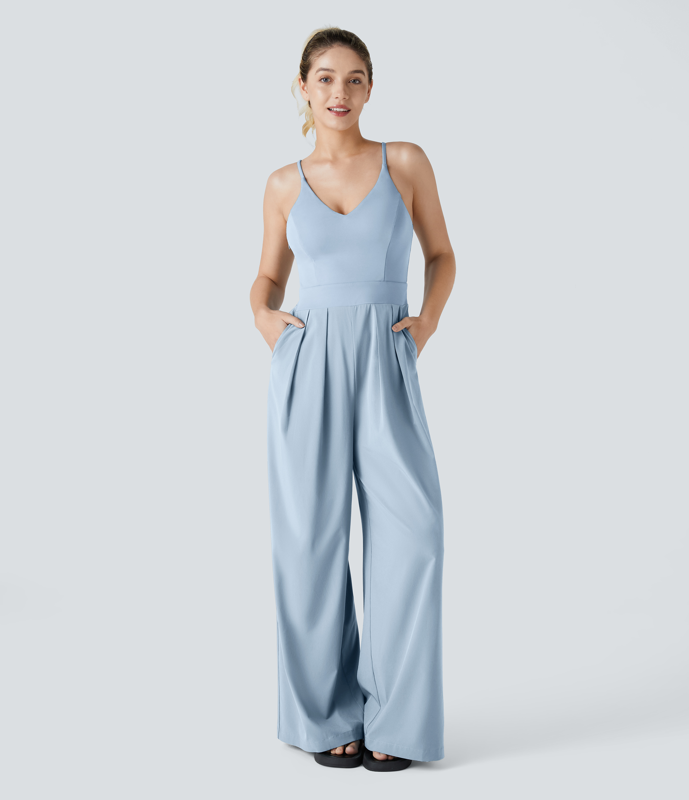 Breezeful™ Backless Side Invisible Zipper Pocket Wide Leg Quick Dry Resort Slip Jumpsuit  - Ballad Blue