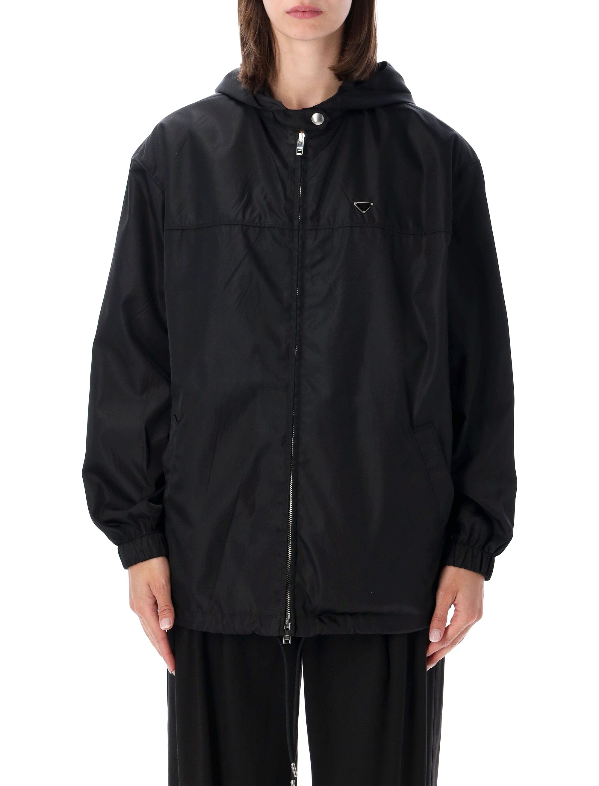 Re-Nylon Mini Hooded Blouson Jacket with Enameled Triangle Logo