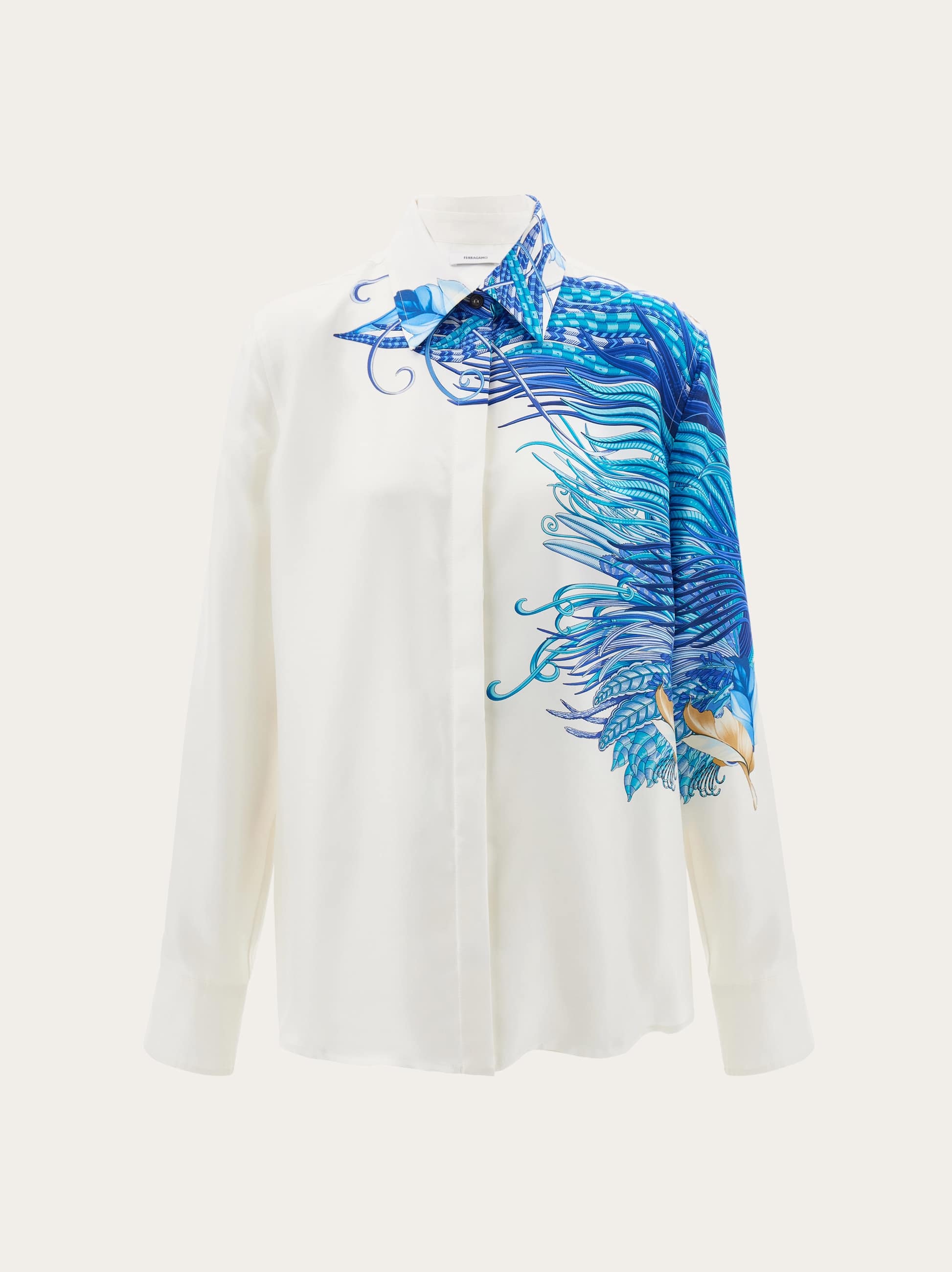 Women Feather show print silk shirt White