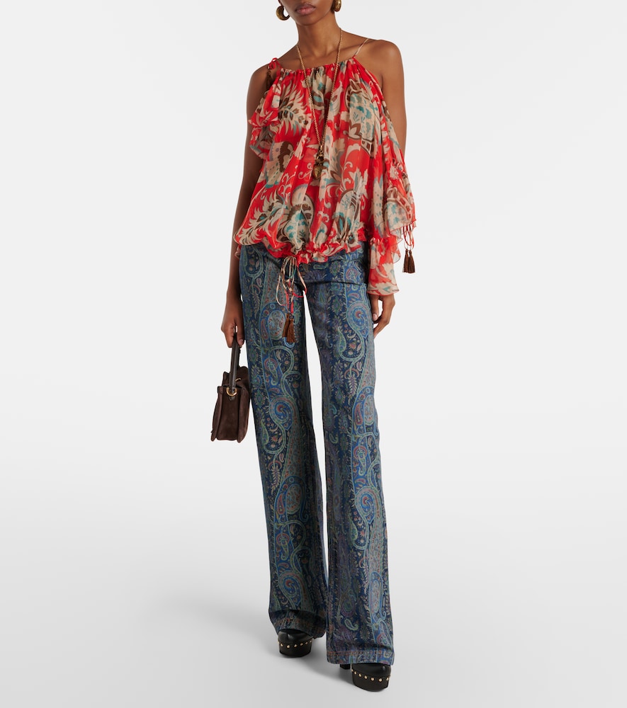 Printed one-shoulder ruffled silk top