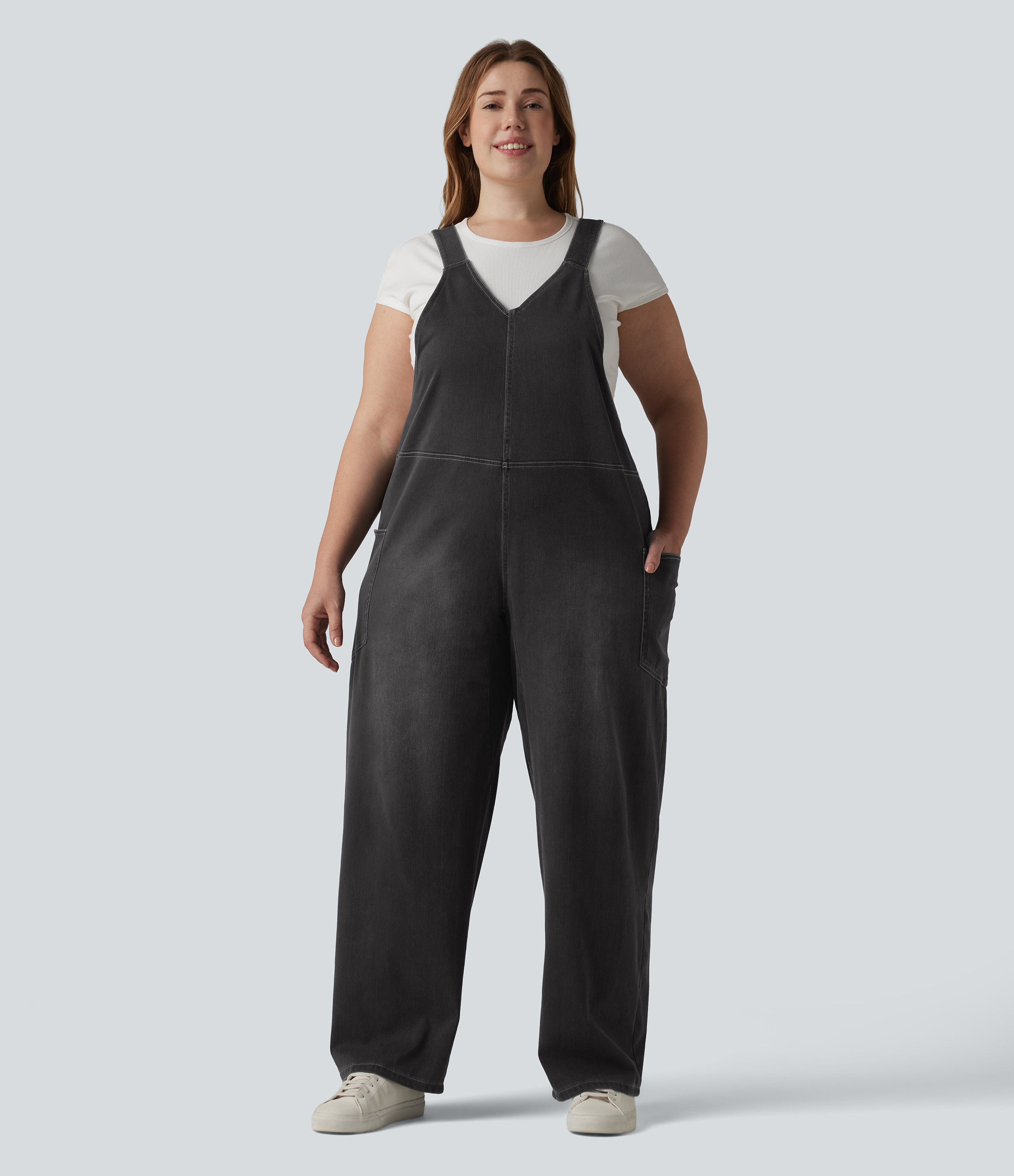 Flex™ V Neck Washed Denim Casual Plus Size Overalls with Pockets  - Phantom Denim