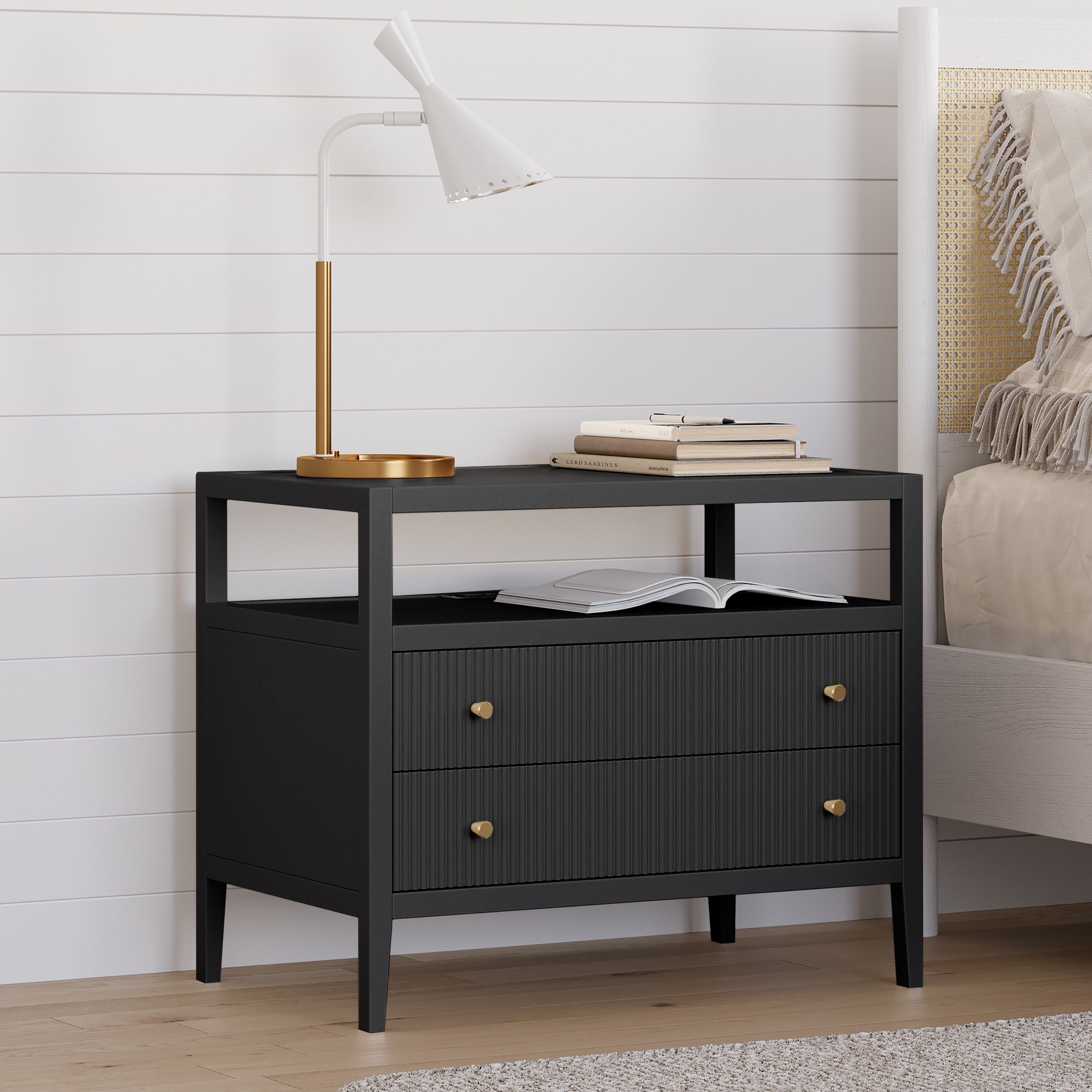 30" Wide Long Modern Smart Nightstand Fluted Bedside Table with 2 Drawers & Charging Station in Gold Handle