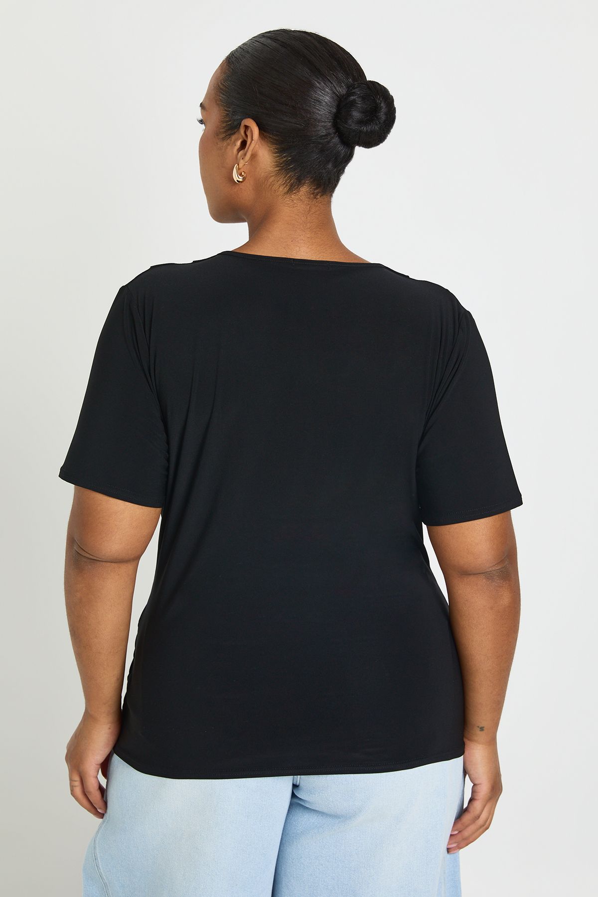 Boohoo Womens Plus Double Layer Slinky Super Cowl Neck Short Sleeve Ruched Top - Black