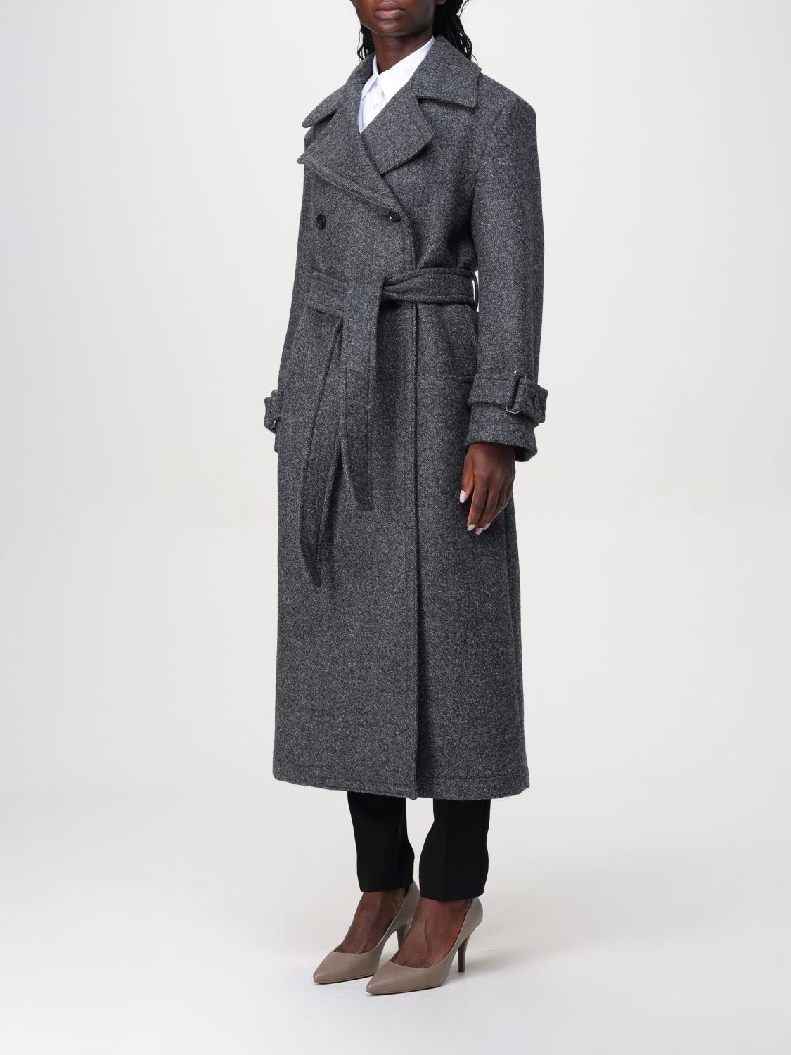 Tie-fastening double-breasted coat - Grey