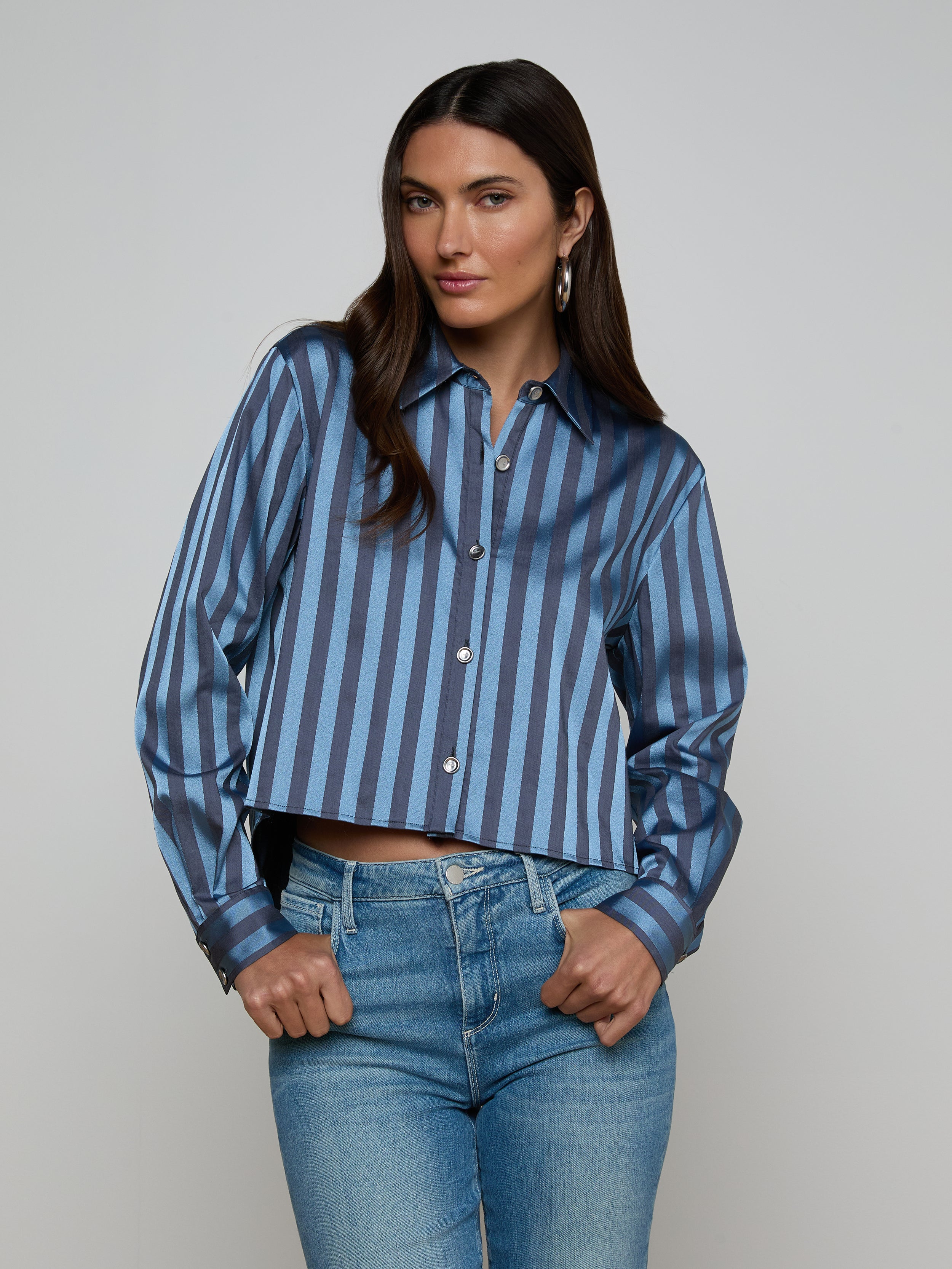 Cosette Satin Shirt In Blue Multi Stripe