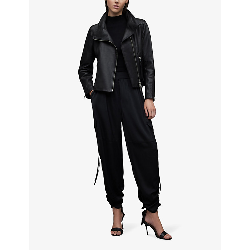 Womens Black Ellis Funnel-neck Leather Biker Jacket