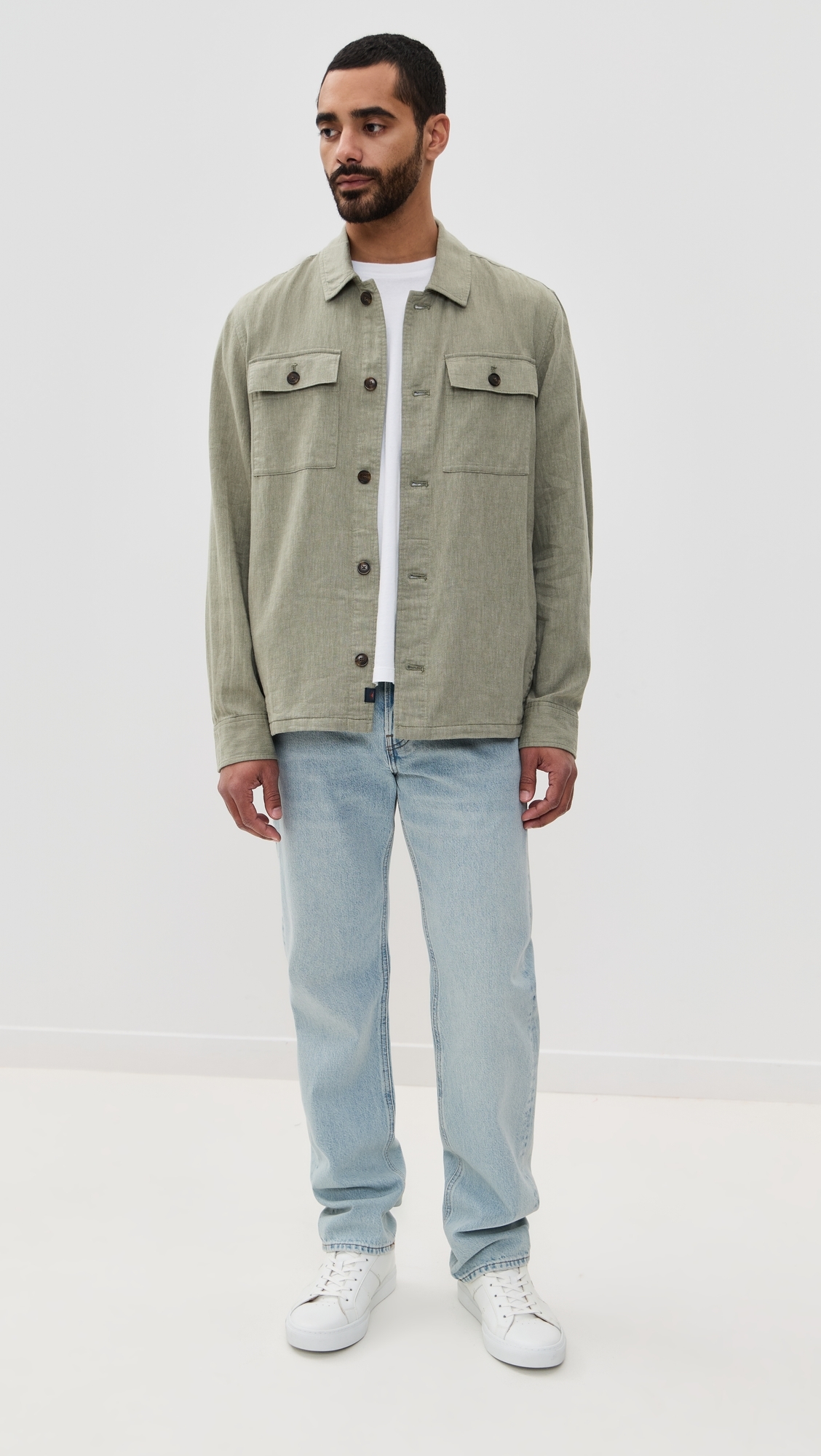 Faherty Movement Linen Shirt Jacket Sage Cliff 