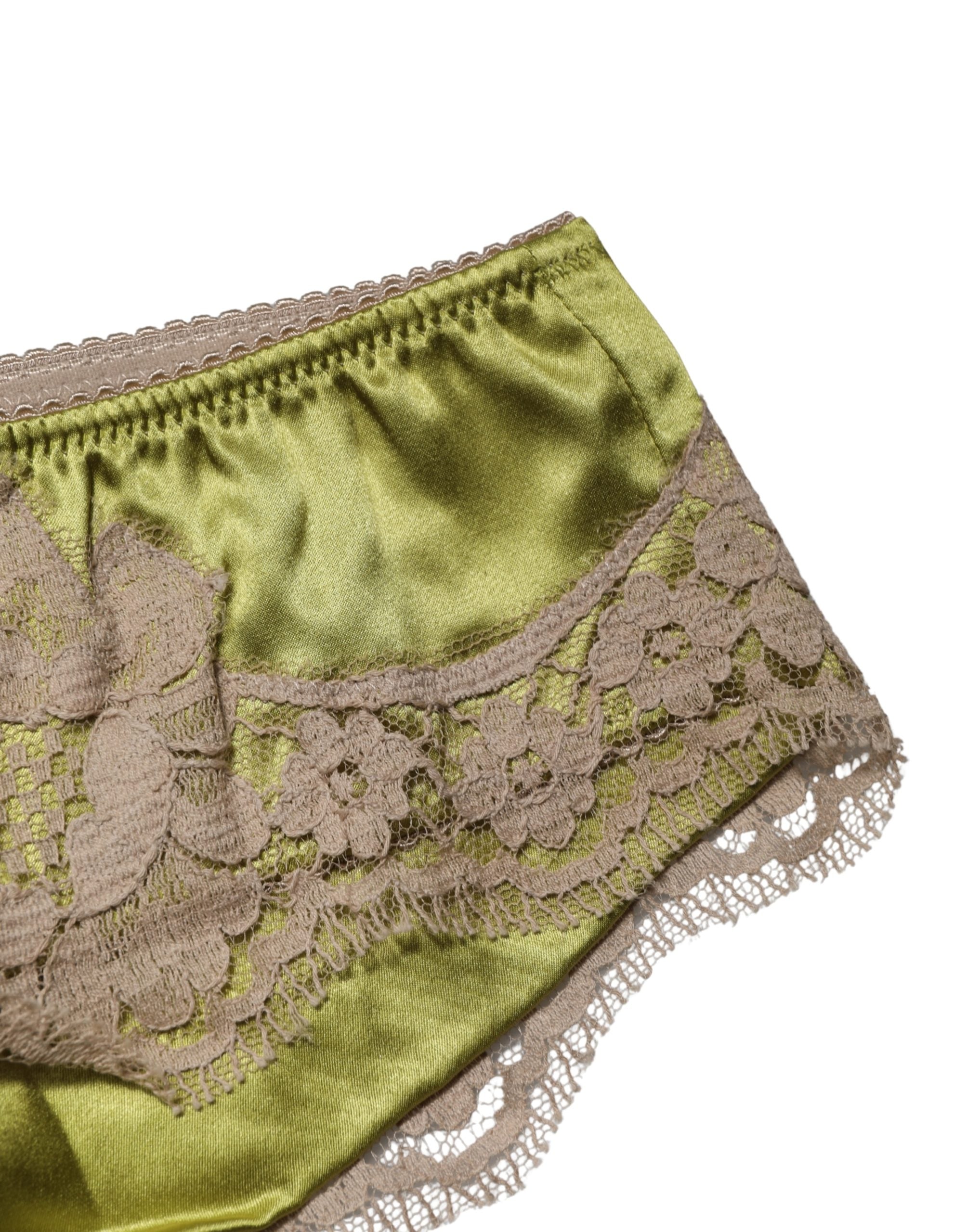 Silk Satin Floral Lace Brief — Green