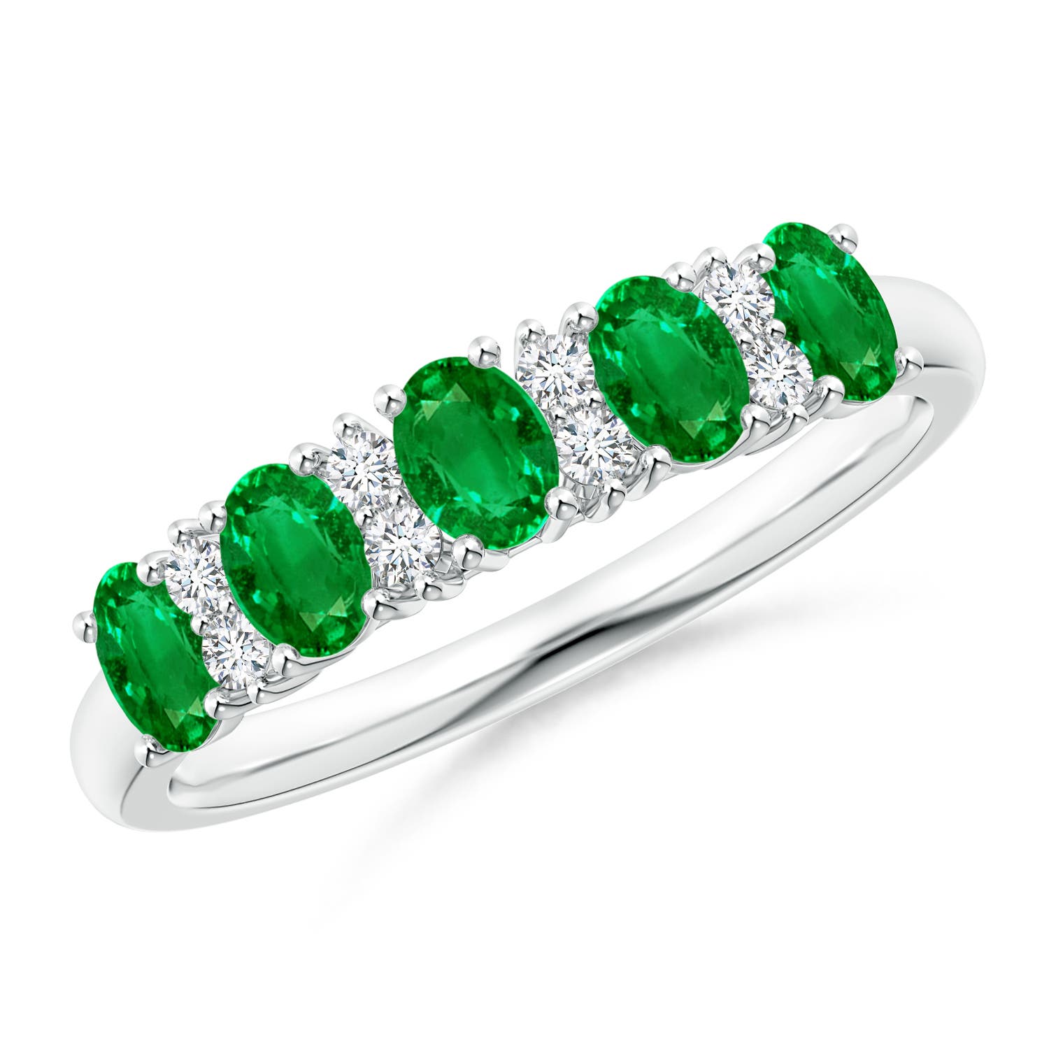 Angara 0.6 Carat Five Stone Emerald and Diamond Wedding Ring in 18K White Gold