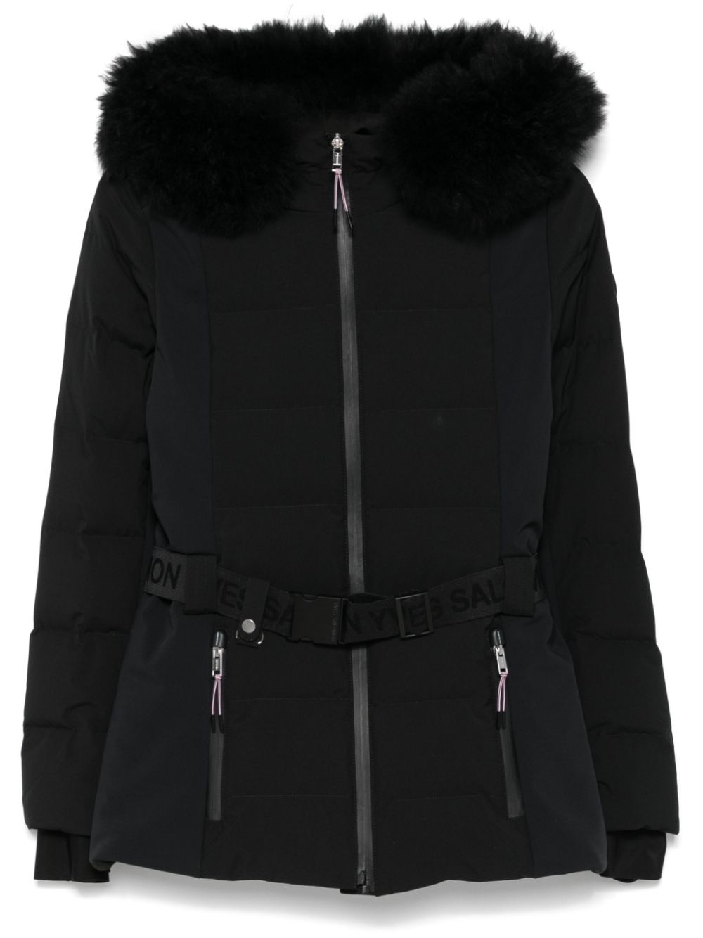 Belted Fur-Trim Down Jacket — Black