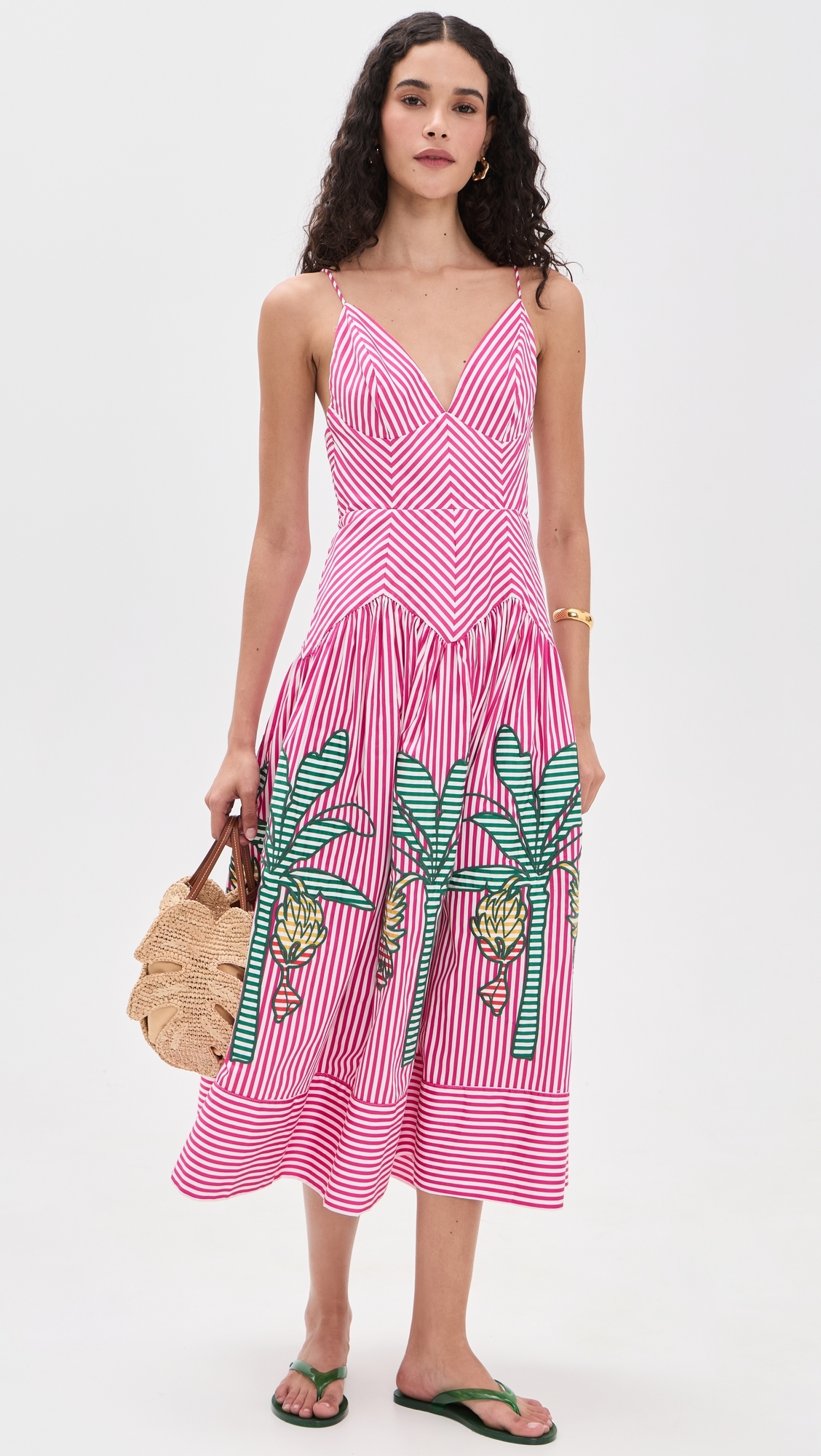 Palm Tree Cutwork Stripes Midi Dress Multi