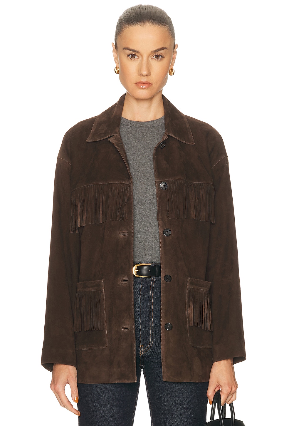 NILI LOTAN Foudre Fringe Suede Jacket in Dark Brown - Chocolate. XS also in S