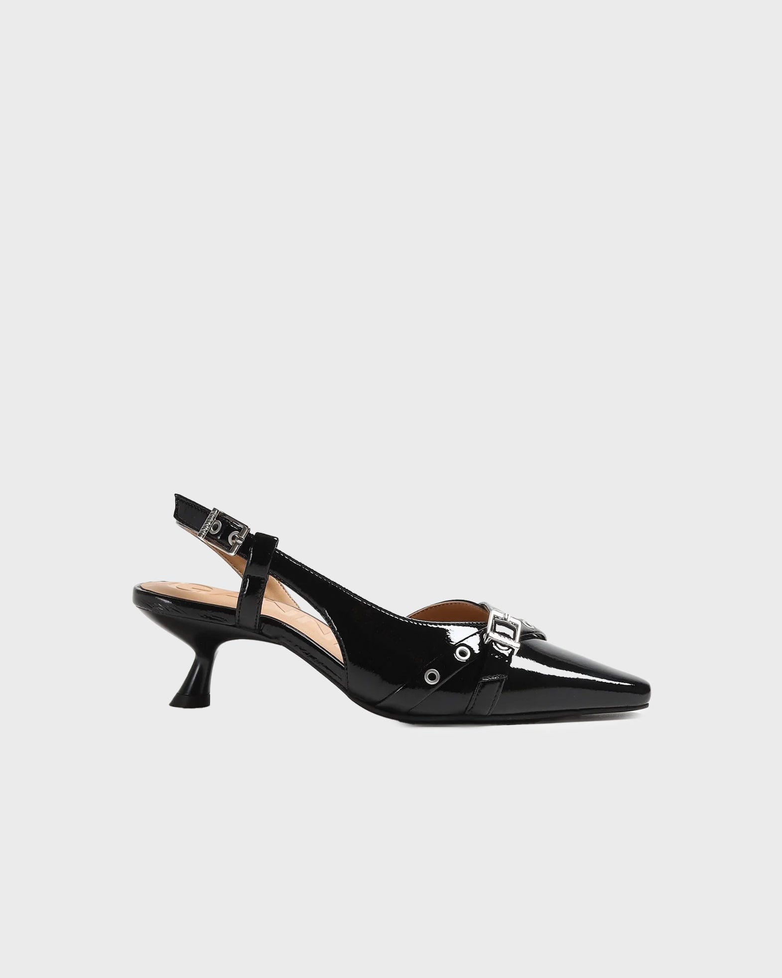 Ganni Heels Eyelets Open Kitten Naplack Black EUR