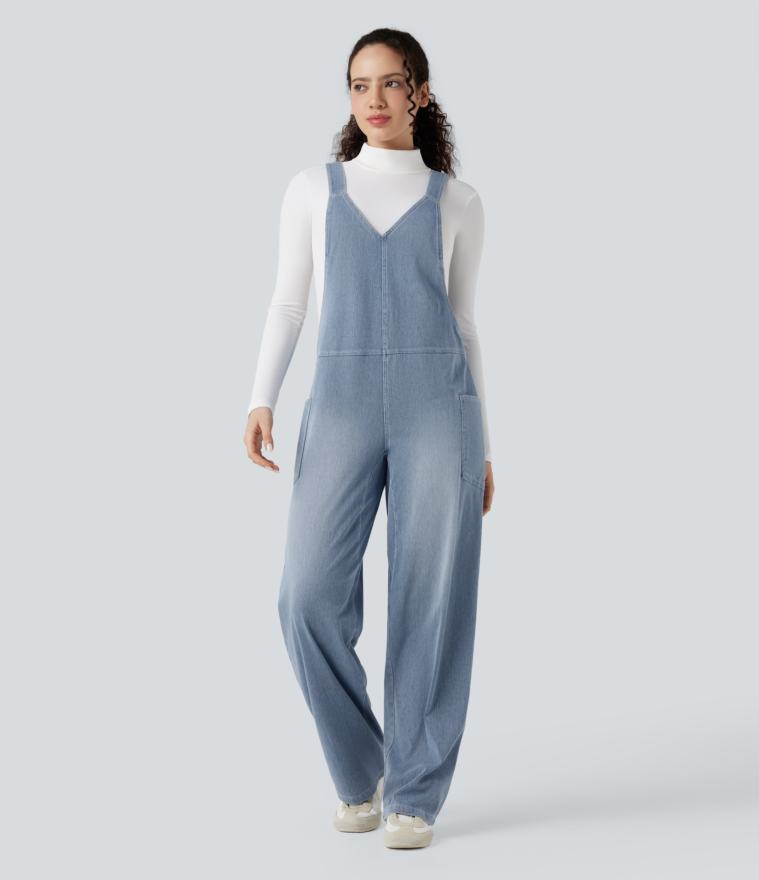Flex™ V Neck Pocket Washed Denim Casual Overalls  - Blue Jasper Denim