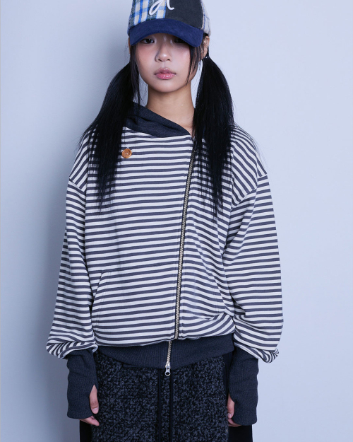 STRIPE UNBALANCED ZIPUP HOODIE