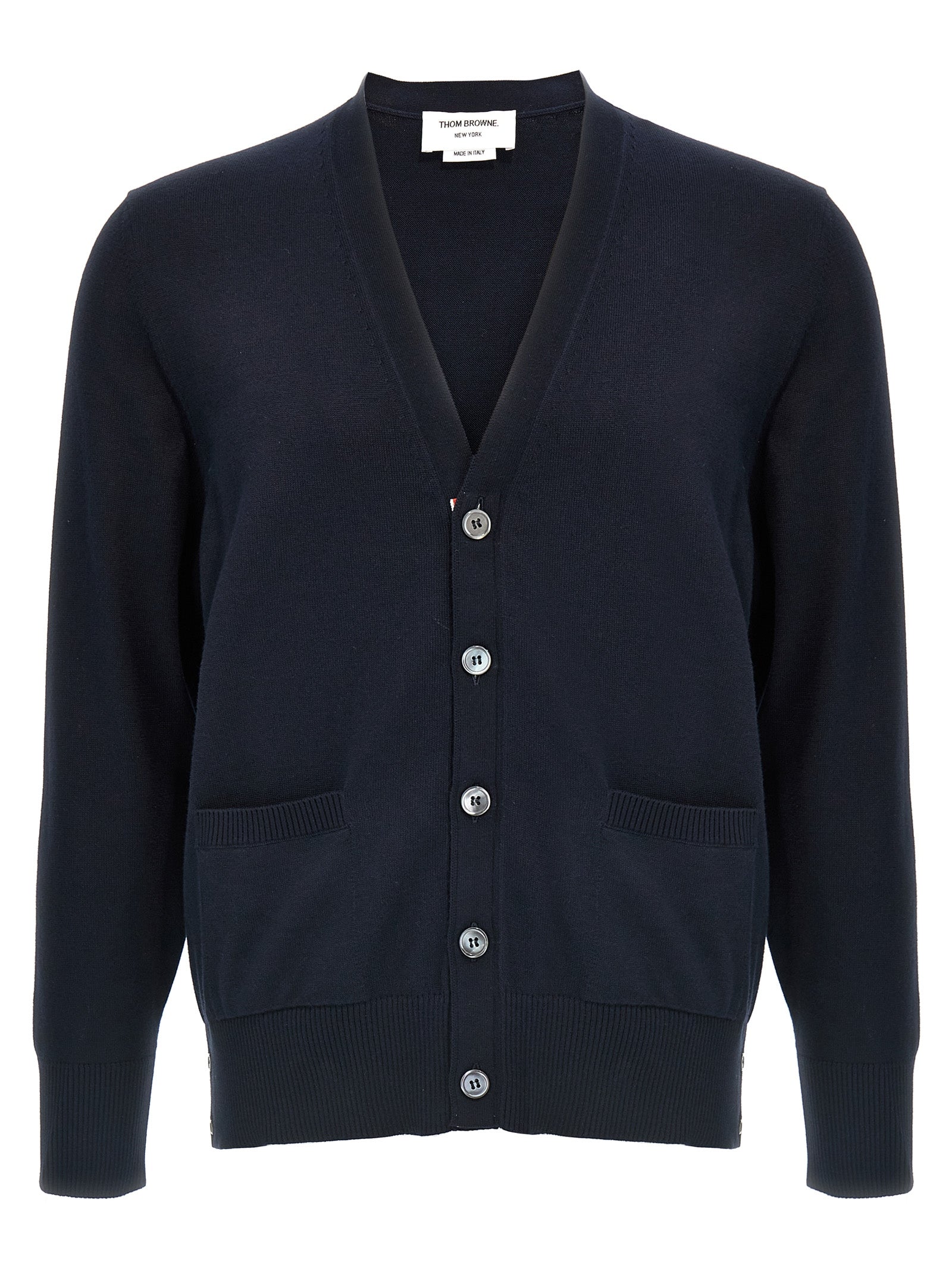 Cotton V-Neck with 4-Bar Detail Cardigan — Navy
