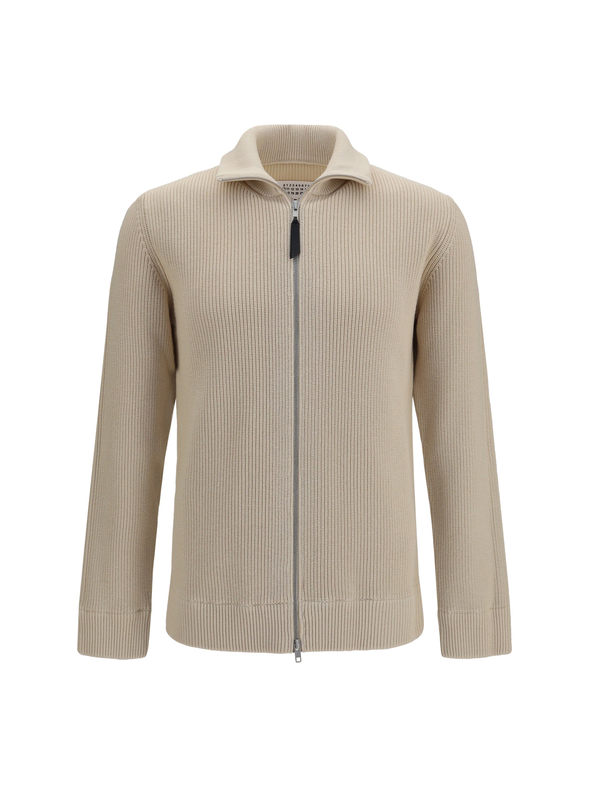 Ribbed Wool-Cotton Zip-Up Cardigan — Beige