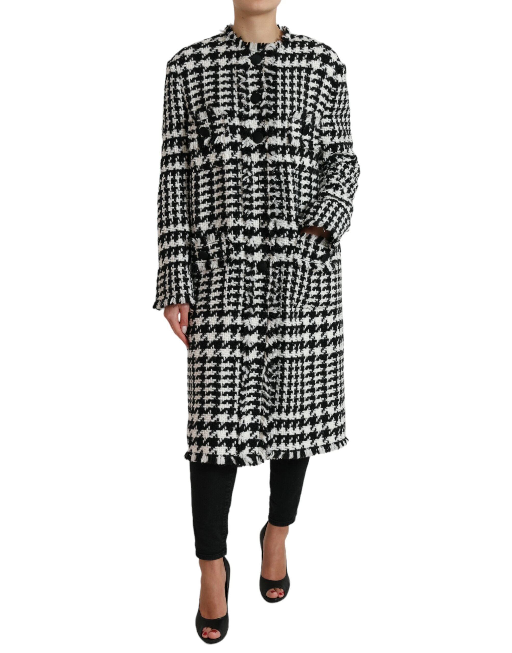 Houndstooth Tweed Trench Coat — Black