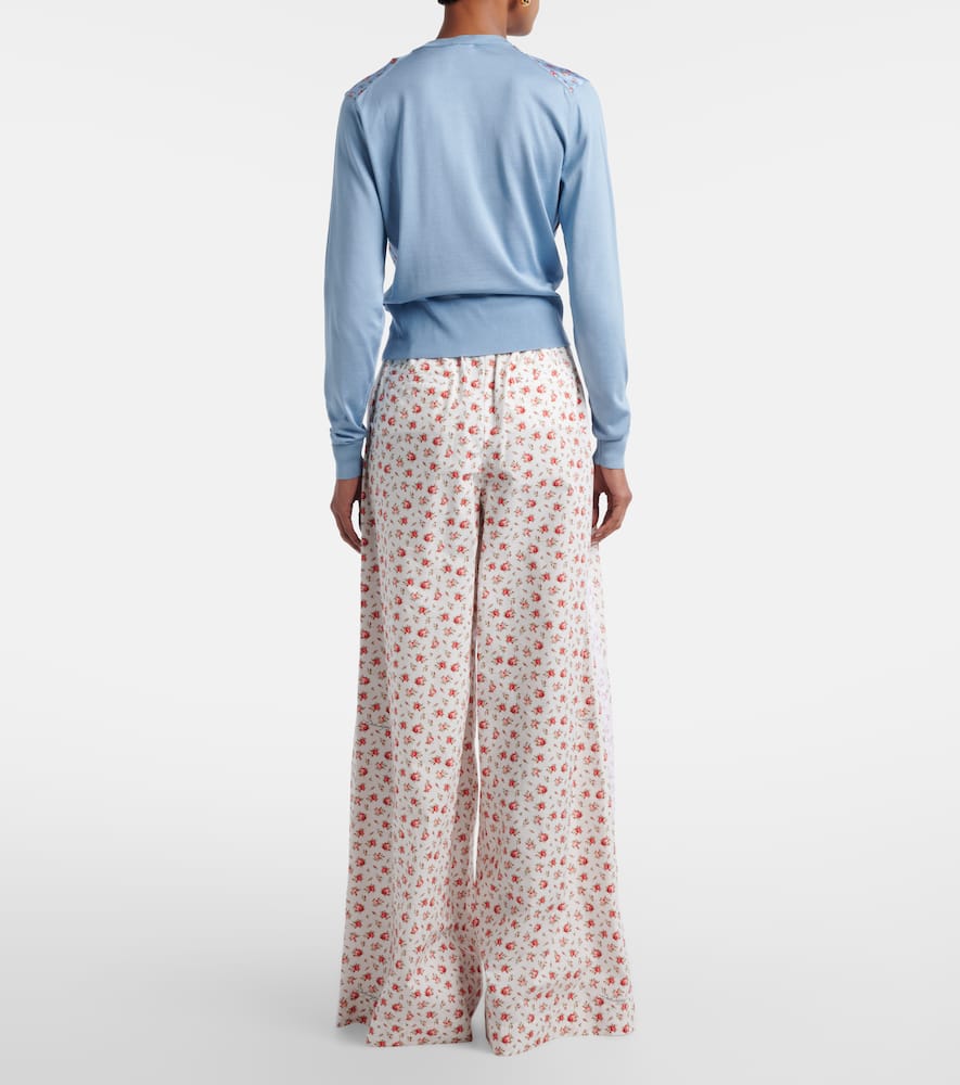 Floral cotton-blend poplin wide-leg pants