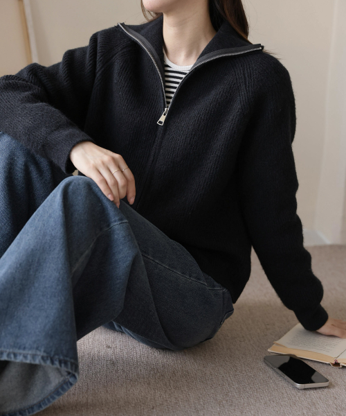 Two-way zip-up daily soft knit cardigan 3 colors