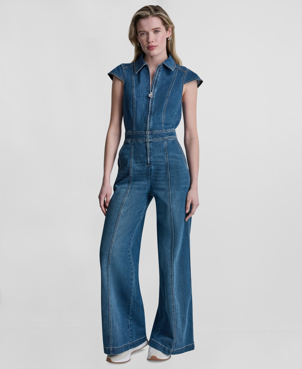 Women's Wide-Leg Cap-Sleeve Denim Jumpsuit - Albany